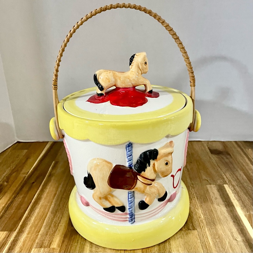 Vintage Tilso Hand Painted Cookie Jar Carousel Themed Japan Wooden Wicker Handle
